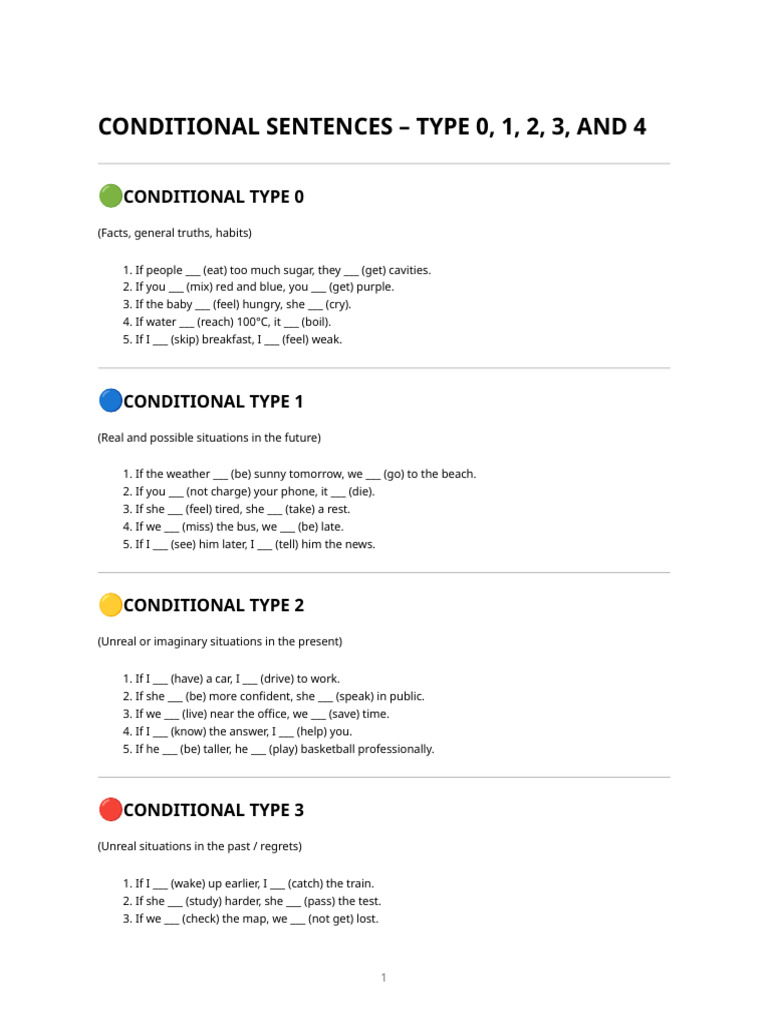Conditional Sentences Exercises (Types 0–4) (1) | PDF