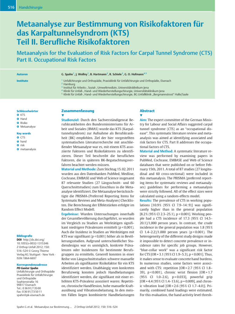 spahn2012 Metaanalysis for the Evaluation of Risk Factors for Carpal ...