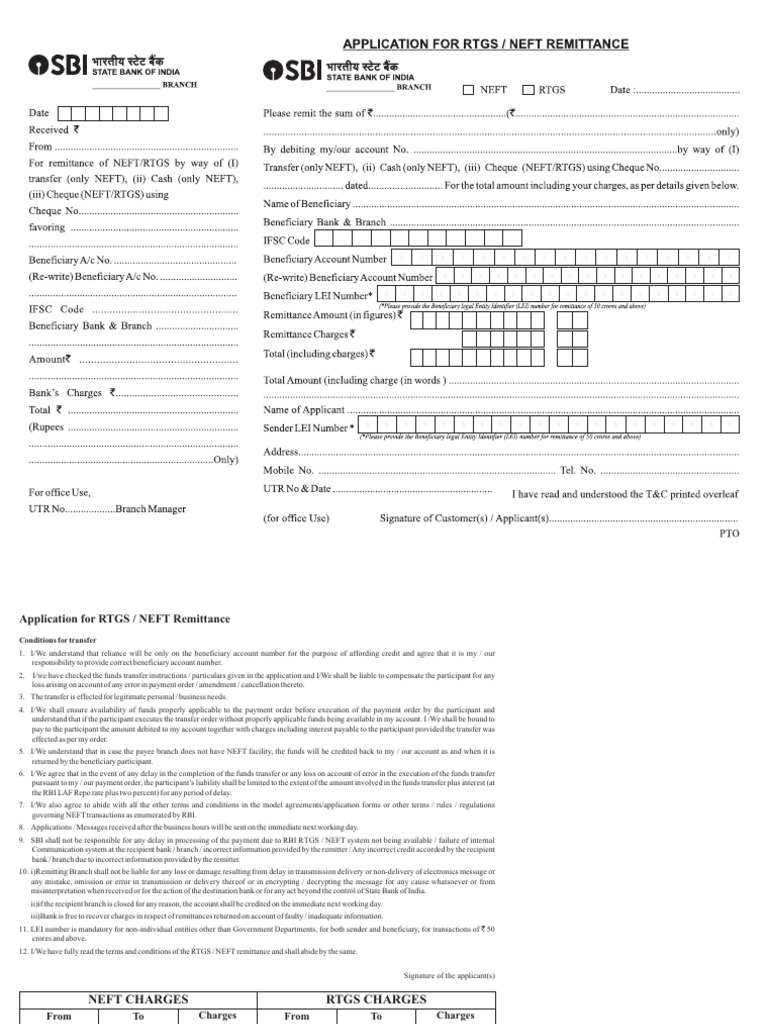 SBI - Application for RTGS Remittance | PDF | Money | Banking
