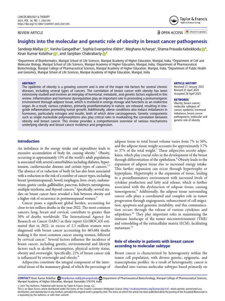 Insights Into the Molecular and Genetic Role of Obesity in Breast ...
