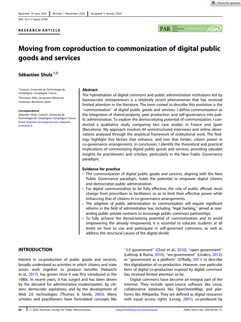 Public Administration Review - 2024 - Shulz - Moving From Coproduction ...