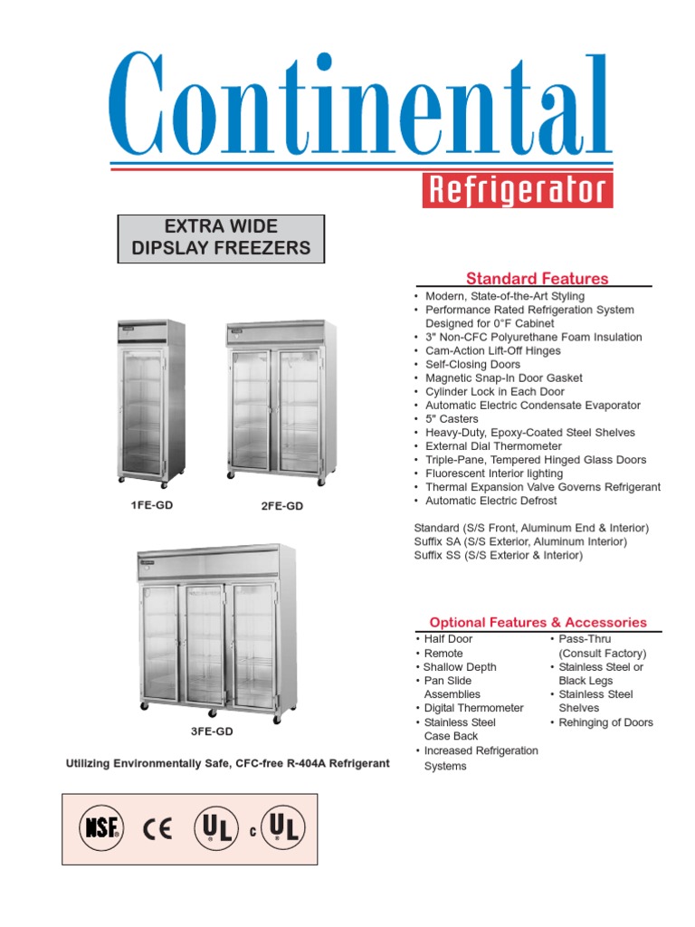 Wide Display Freezers Specification Sheet for Continental Refrigerator