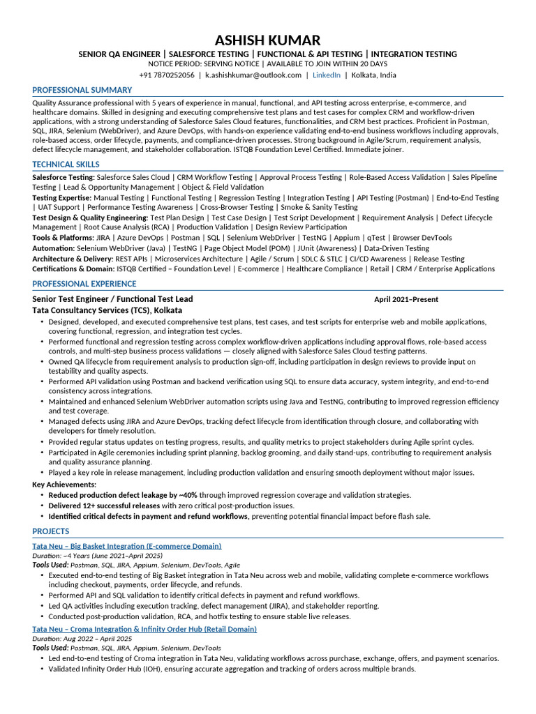 Ashish Kumar Salesforce TestEngineer | PDF | Software Testing ...