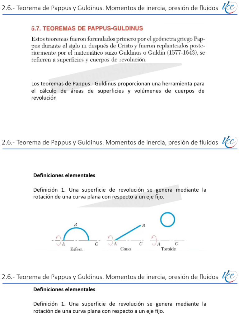 Teorema de Pappus y Guldinus. Momentos de Inercia, Presión de Fluidos ...