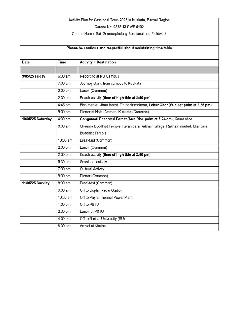 Everyday Activity Plan for Sessional Tour Kuakata 2025 | PDF