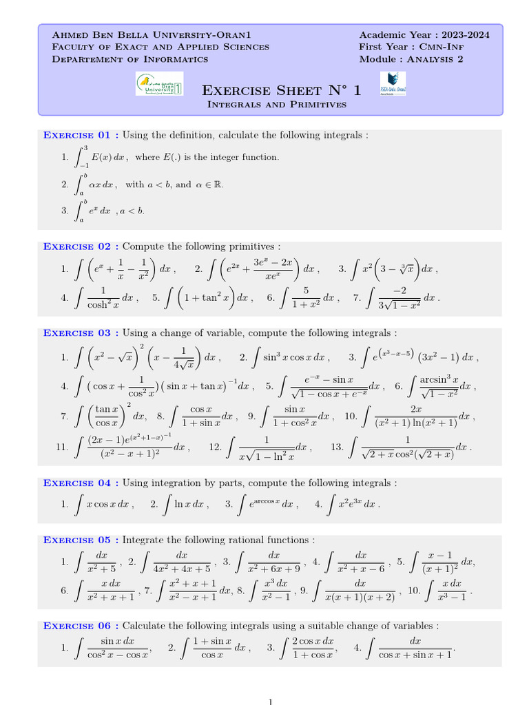 Fiche de TD 1 - Analyse 2 -licence, Informatique | PDF | Mathematical ...