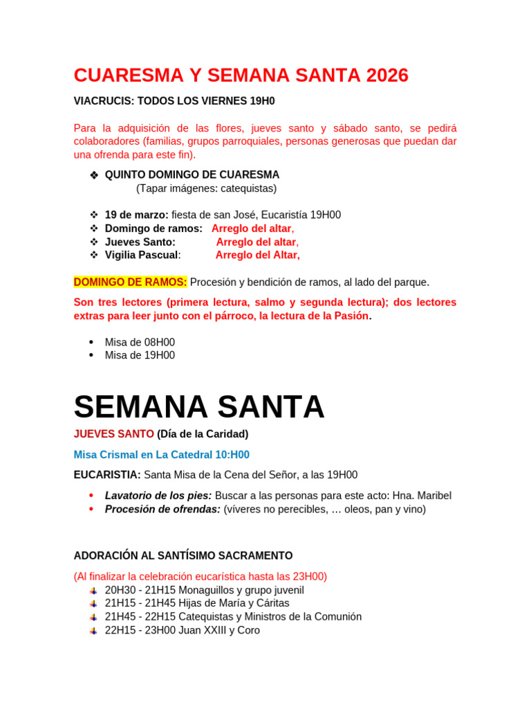 Cuaresma y Semana Santa 2026 Responsabilidades.... | PDF | Fiestas ...