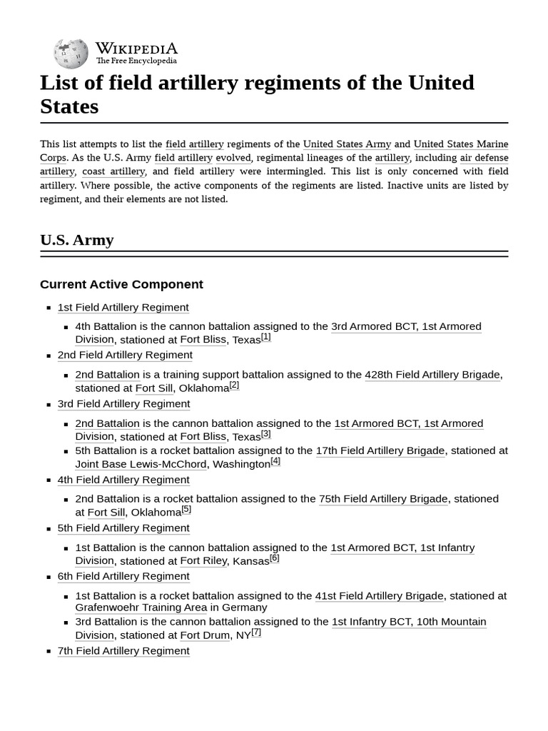 List of Field Artillery Regiments of the United States | PDF | Division ...