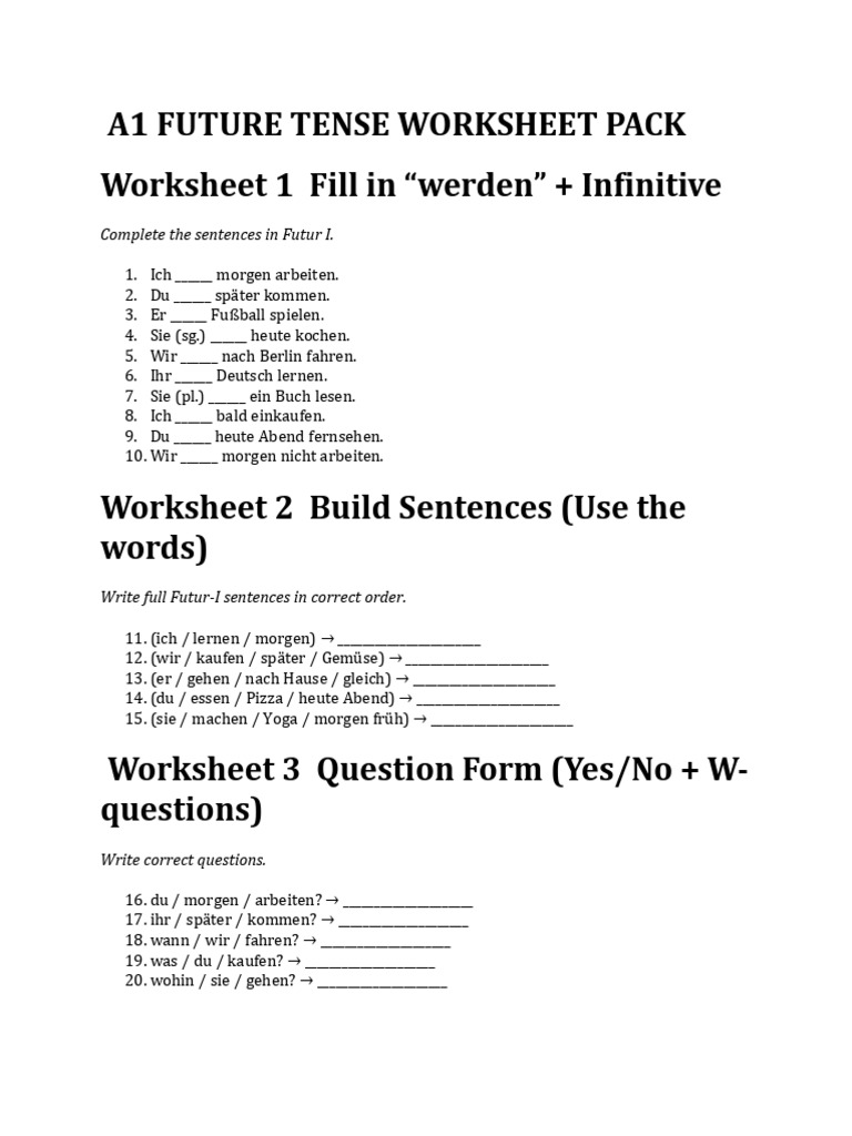 A1 Future Tense Worksheet Pack | PDF