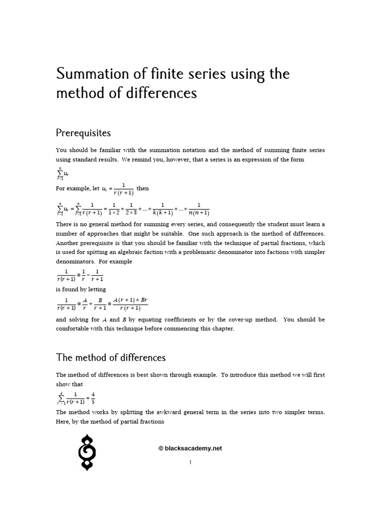 Finite Series Method of Differences | PDF | Summation | Mathematical ...