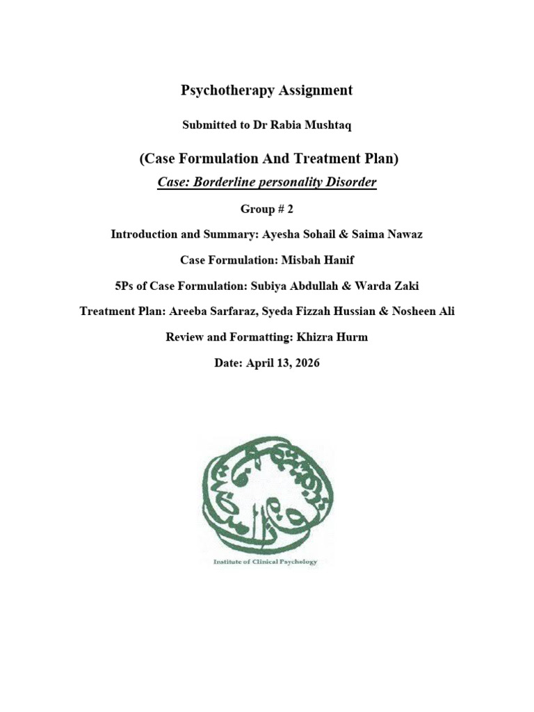 Case Formulation and Treatment Plan for Borderline Personality Disorder ...