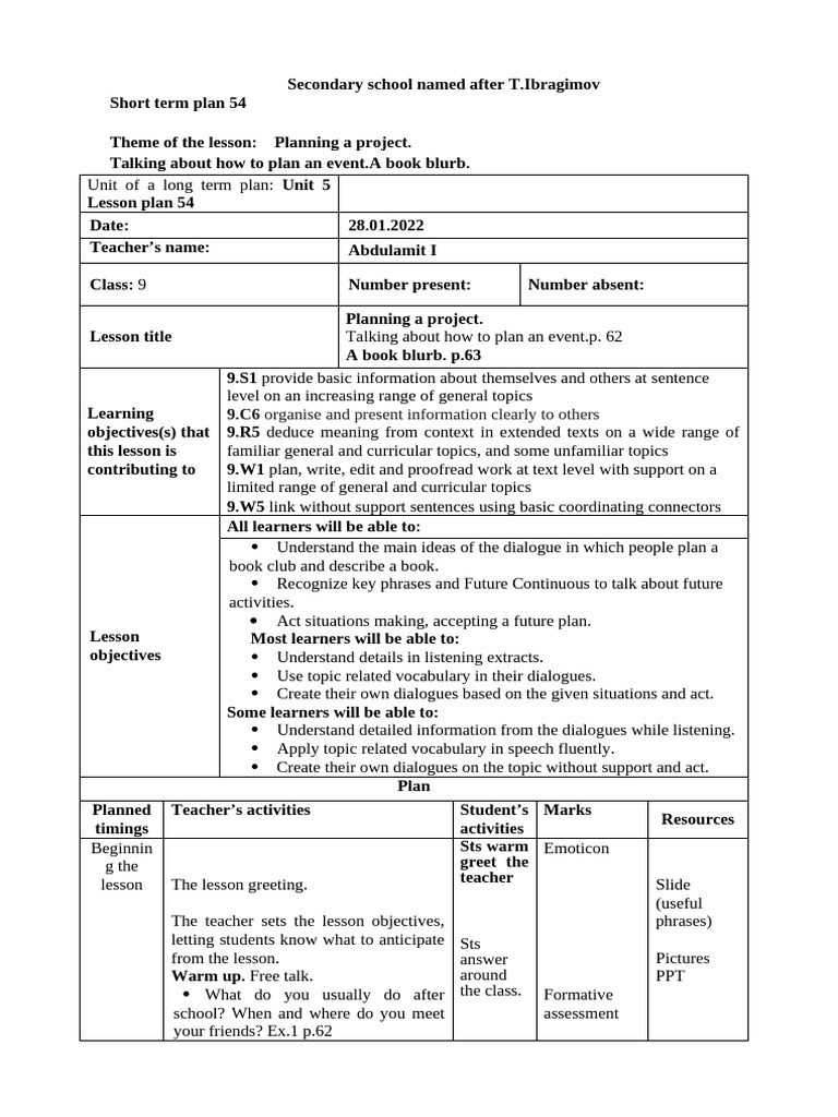 Lesson plan 54(1) | PDF | Vocabulary | Learning