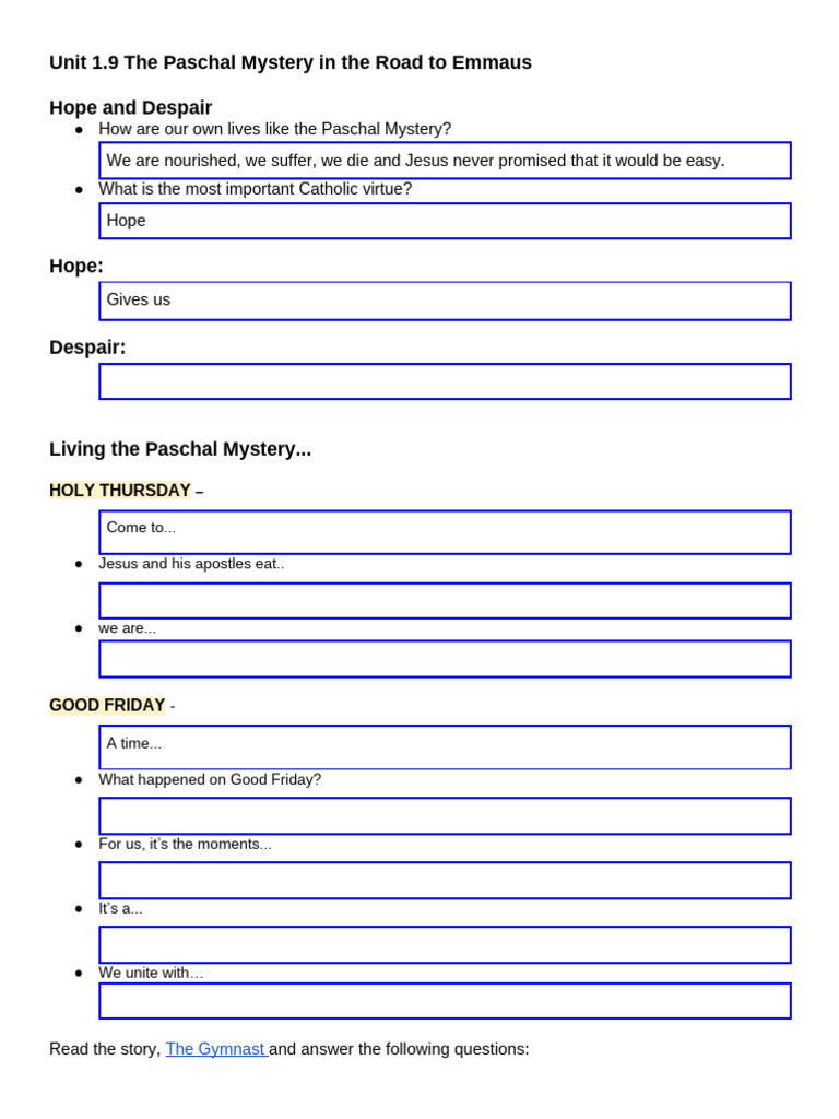 Copy of Unit 1.9 the Road to Emmaus_ Hope & Despair Note Form | PDF