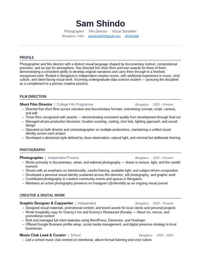 Sam Shindo Resume v3 | PDF | Documentary Film