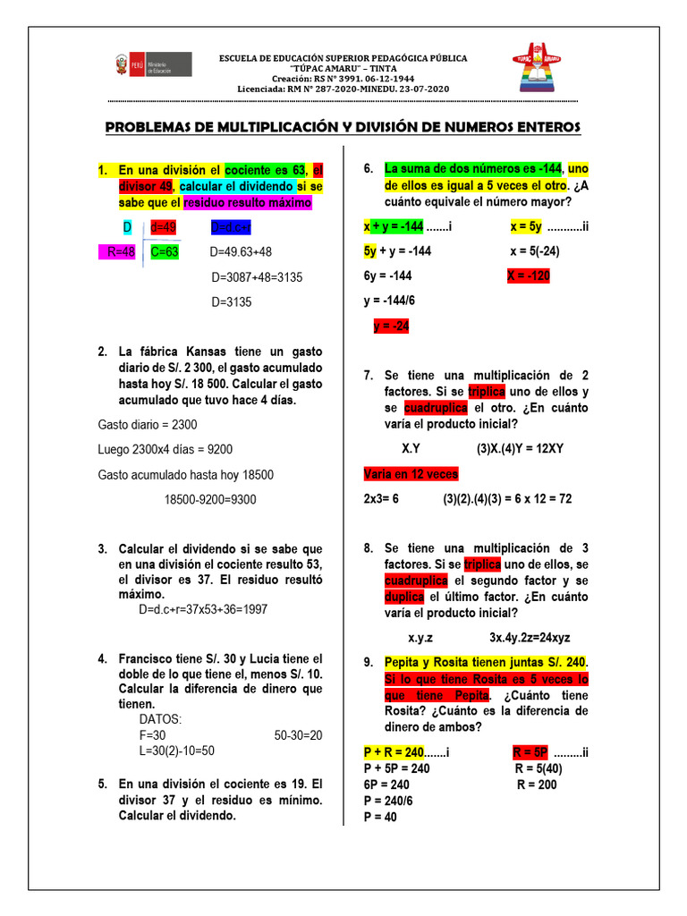 Tema 3 - Problemas de Multiplicación y División de Numeros Enteros ...
