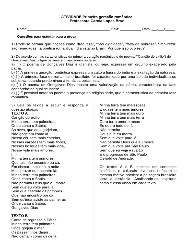 Exercícios 1 Geração Com Gabarito | PDF | Romantismo