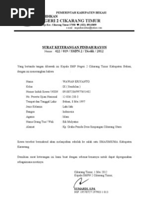 Surat Keterangan Pindah Rayon