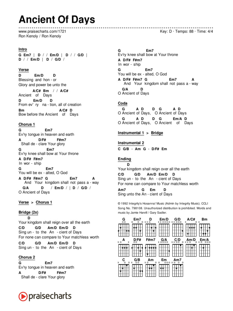 Ancient of Days (Ron Kenoly) Chord Chart - D - 2 Column Layout | PDF ...