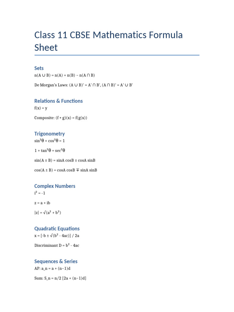 Class11 Maths Formula Sheet | PDF