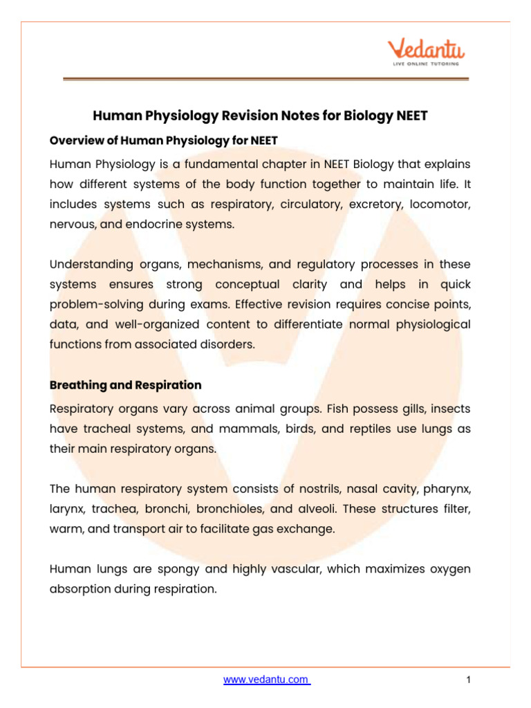 Human Physiology NEET Notes - 2026 Free PDF | PDF | Respiratory System ...