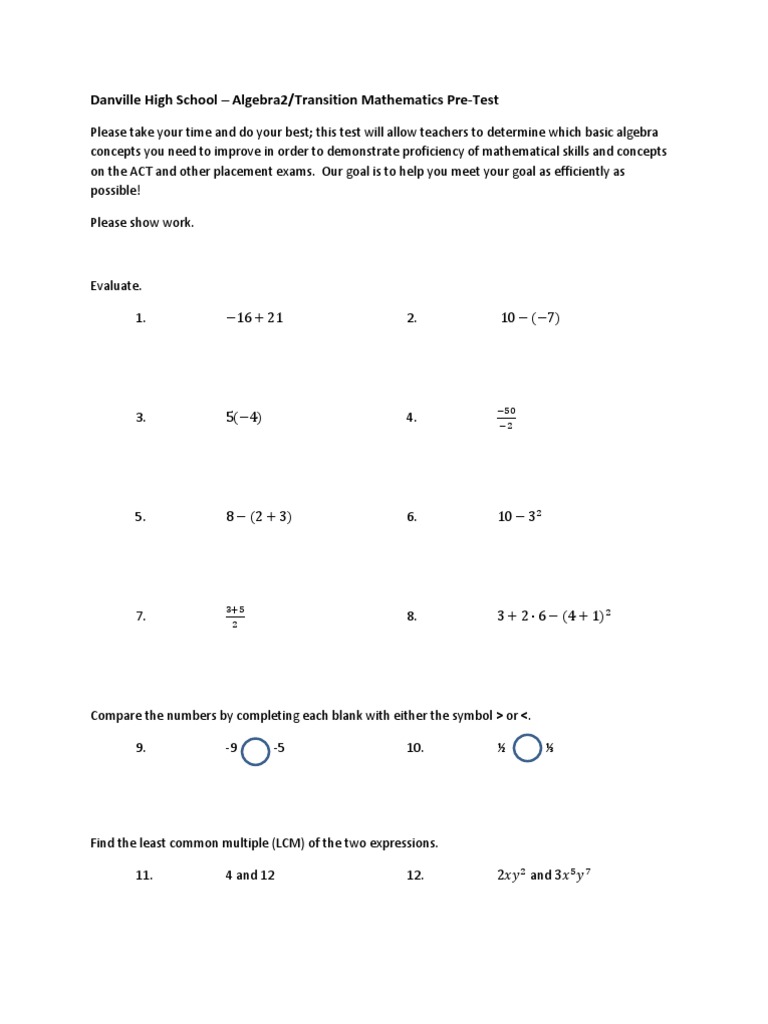 Algebra2/Transition Math Pre-Test | PDF | Teaching Methods & Materials