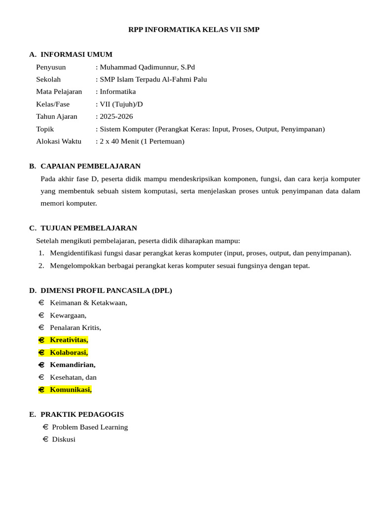 Rpp_ Informatika Kelas VII SMP_ Qadim | PDF