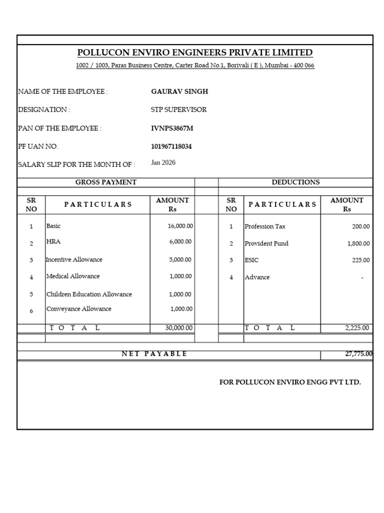 Gaurav Singh Salary Slip Month of Jan 2026 | PDF
