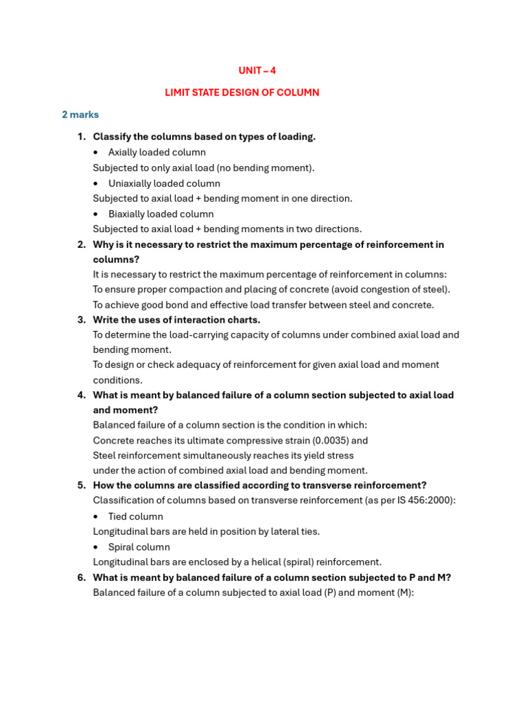 Unit - 4 (2 marks) | PDF | Buckling | Bending