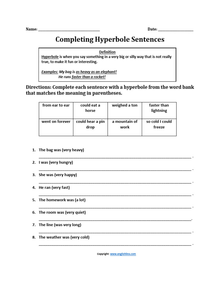 Completing Hyperbole Sentences K 5 | PDF