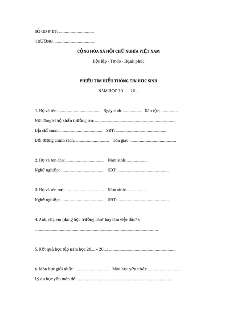 Phieu Thong Tin Hoc Sinh Giong Mau | PDF