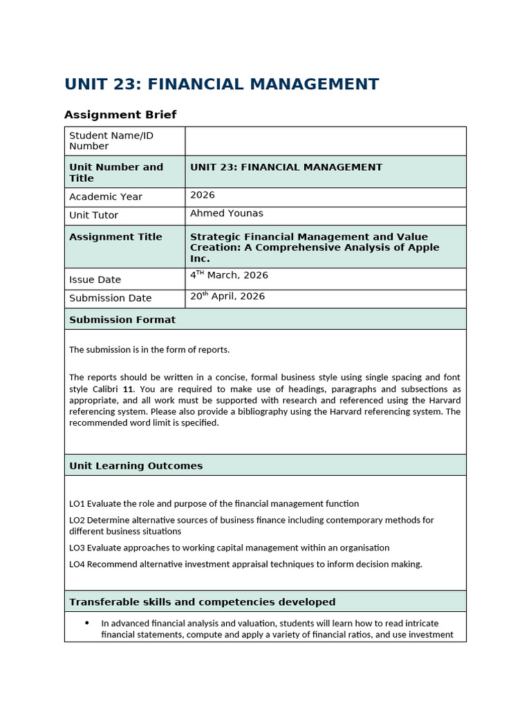 Unit 23. Financial Management - Assignmnet Brief - Final | PDF ...