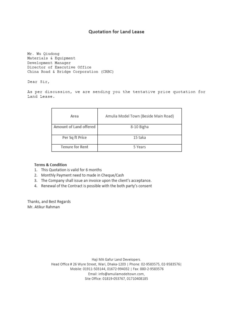 Quotation for Land Lease | PDF