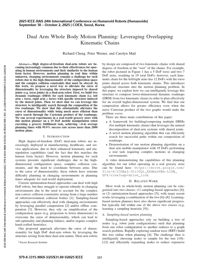 Dual Arm Whole Body Motion Planning Leveraging Overlapping Kinematic ...