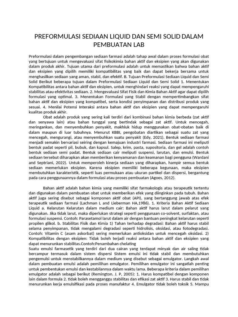 Preformulasi Sediaan Liquid Dan Semi Solid Dalam Pembuatan Lab | PDF