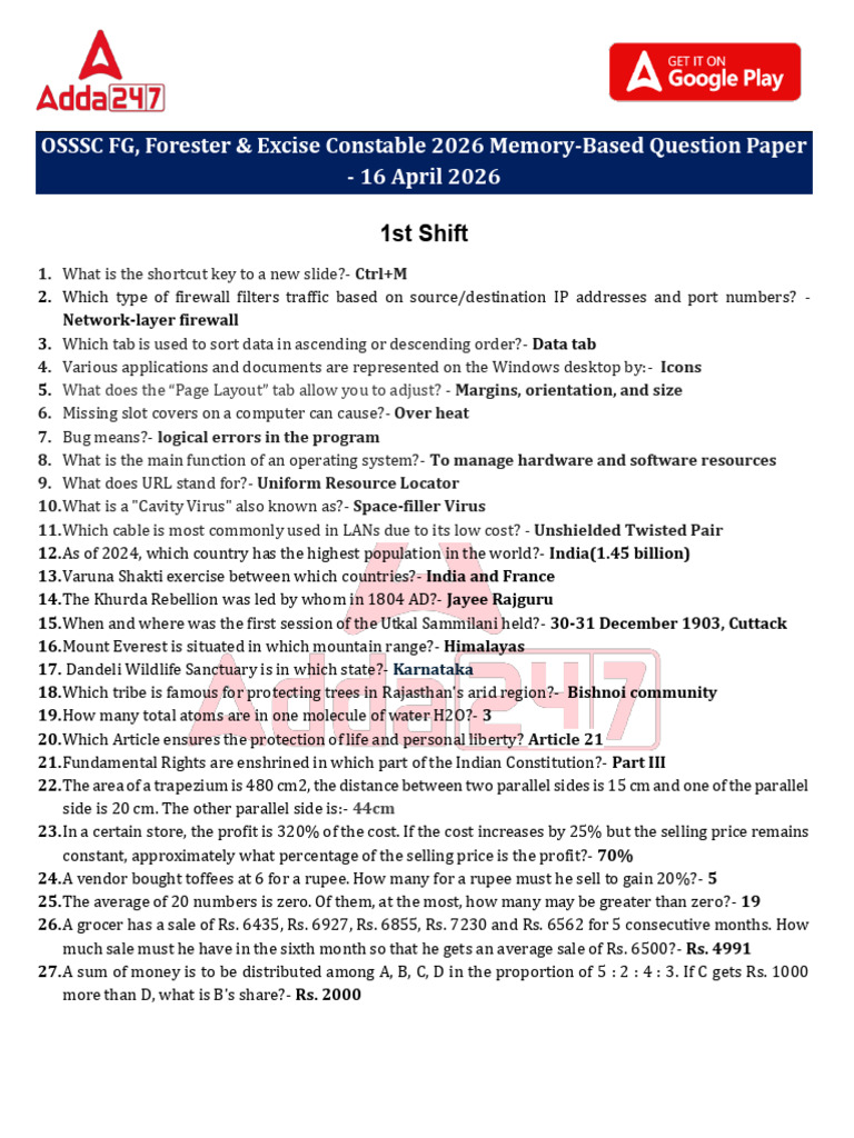 OSSSC FG Forester Excise Constable 2026 Memory Based Question Paper 16 ...