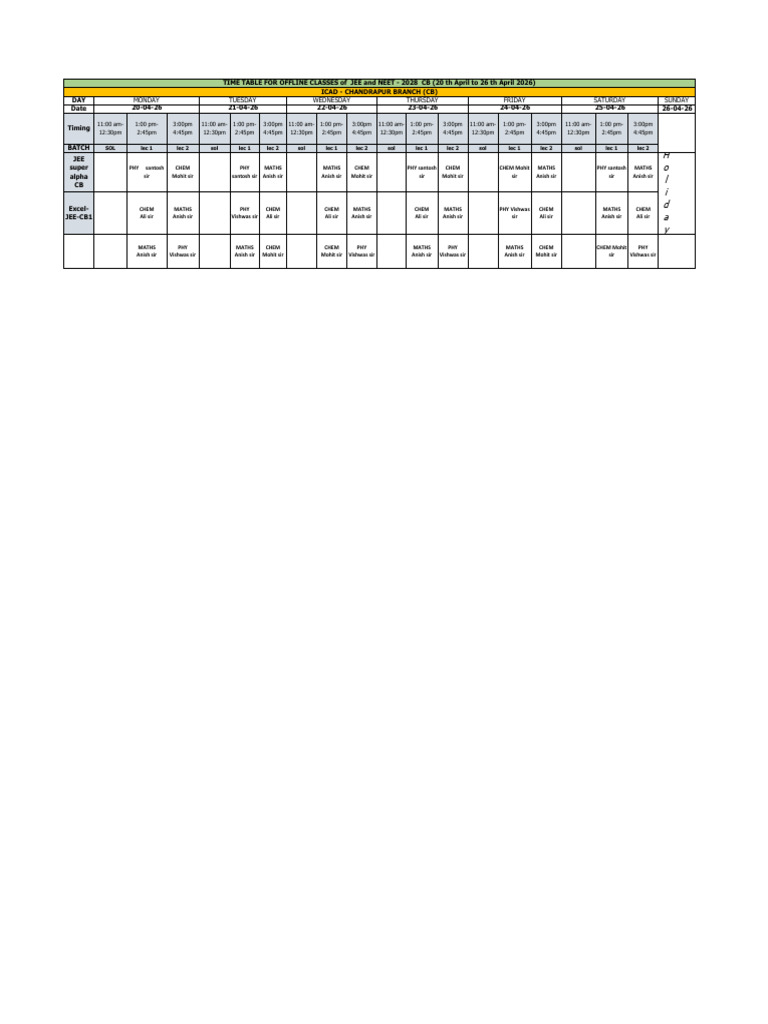 Class Timetable of Jee and Neet - 2028 Super Alpha and Cb1 | PDF