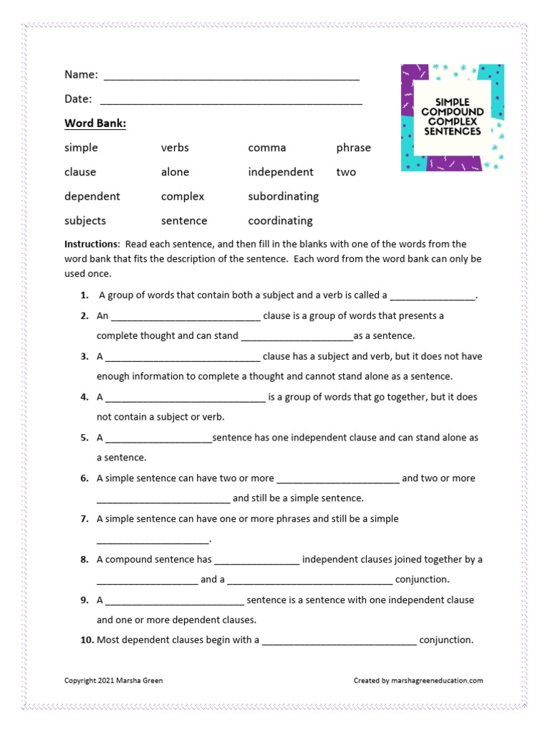 Simple Compound and Complex Sentences Worksheet | PDF | Sentence ...