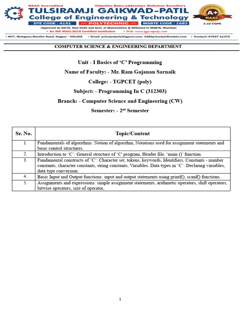 Unit - I Basics of ‘C’ Programming | PDF | C (Programming Language ...