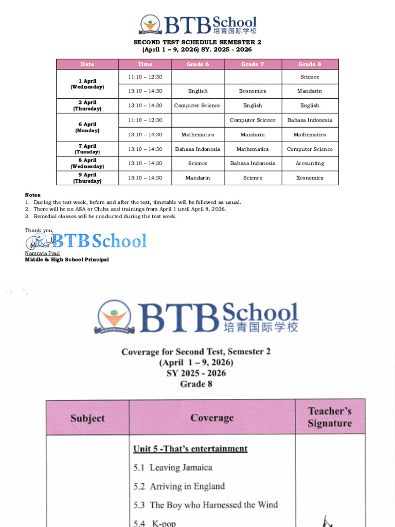 Grade 8 - Schedule & Pointers for Second Test Semester 2 SY 2025-2026 ...
