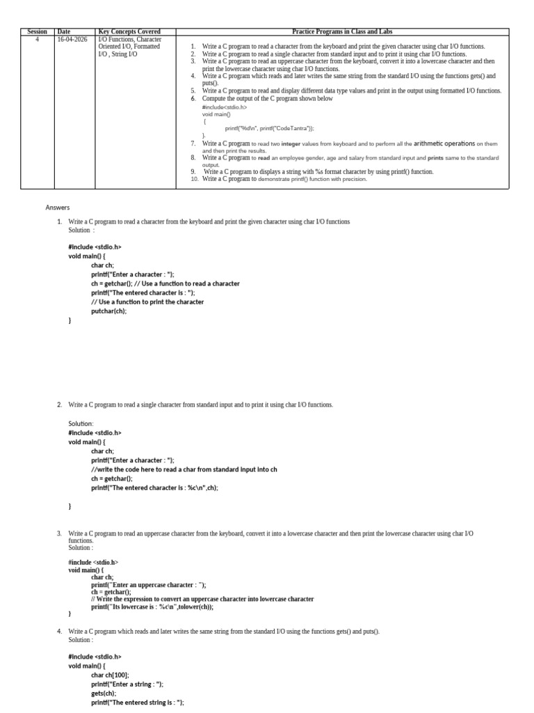 Practice Questions with answers C Day 4 | PDF | Input/Output | Computer ...