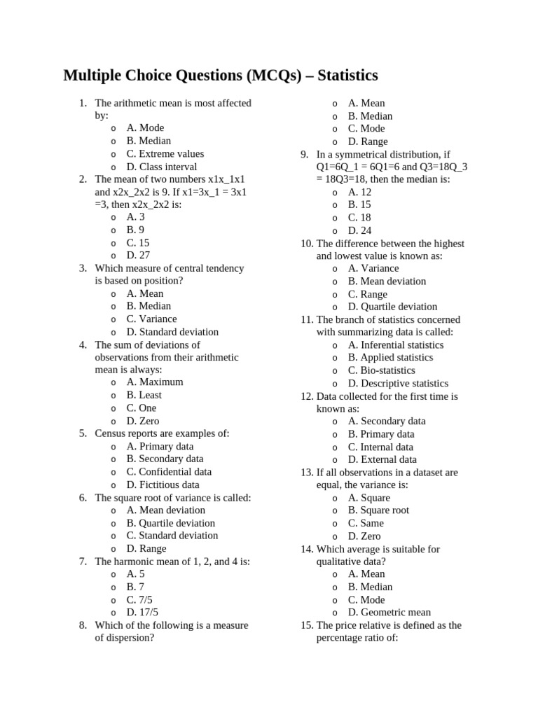 Multiple Choice Questions | PDF | Standard Deviation | Mean