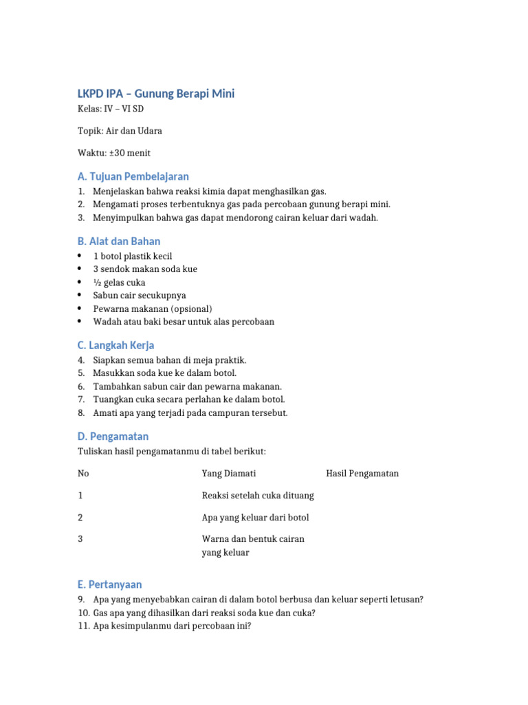 LKPD IPA Gunung Berapi Mini (1) | PDF