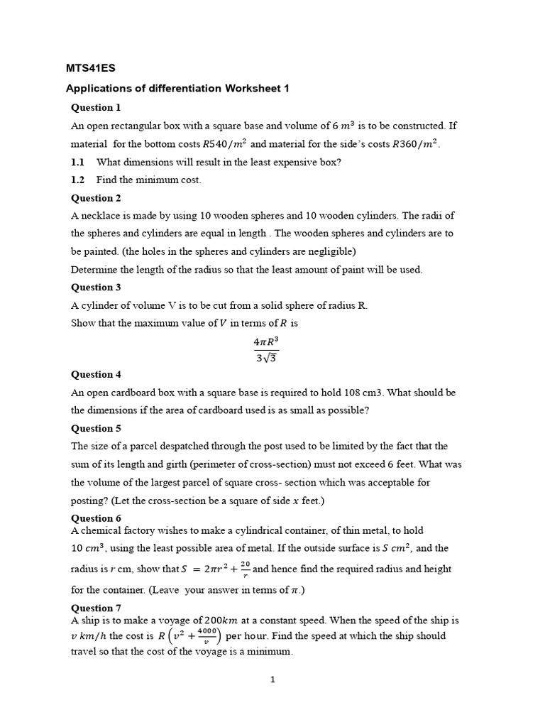 Mts41es Worksheet Applications of Differentiation (1) | PDF | Sphere | Area
