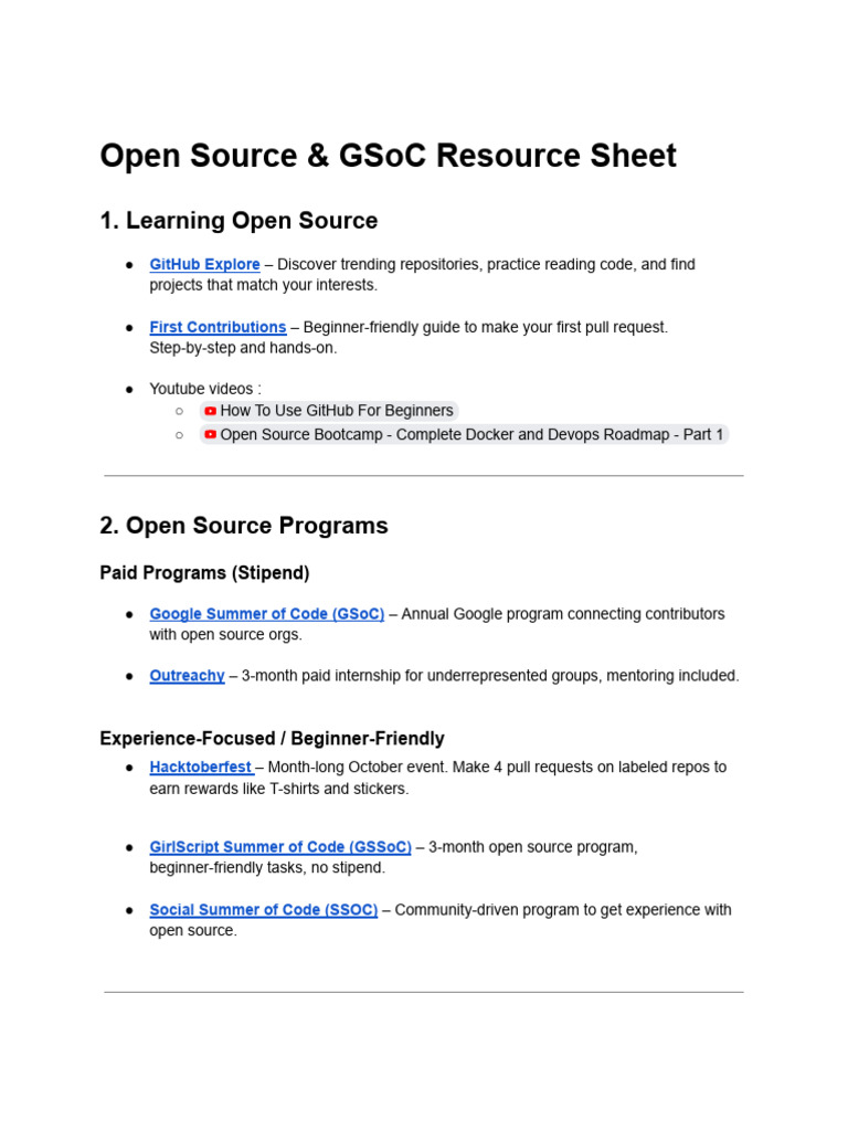 Open Source & GSoC Resource Sheet (1) | PDF | Free Software | Websites
