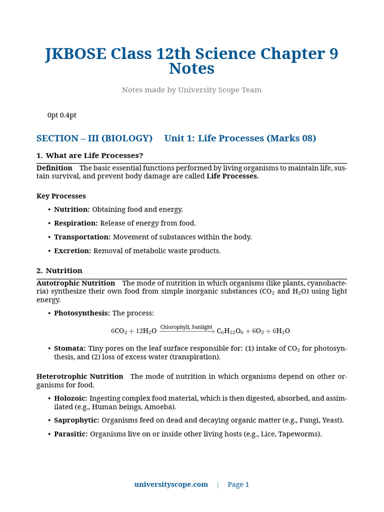 Chapter 1 Life Processes Notes | PDF | Cellular Respiration | Nutrition