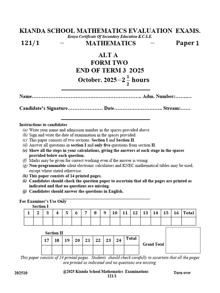 Kianda School Form 2 Exams | PDF
