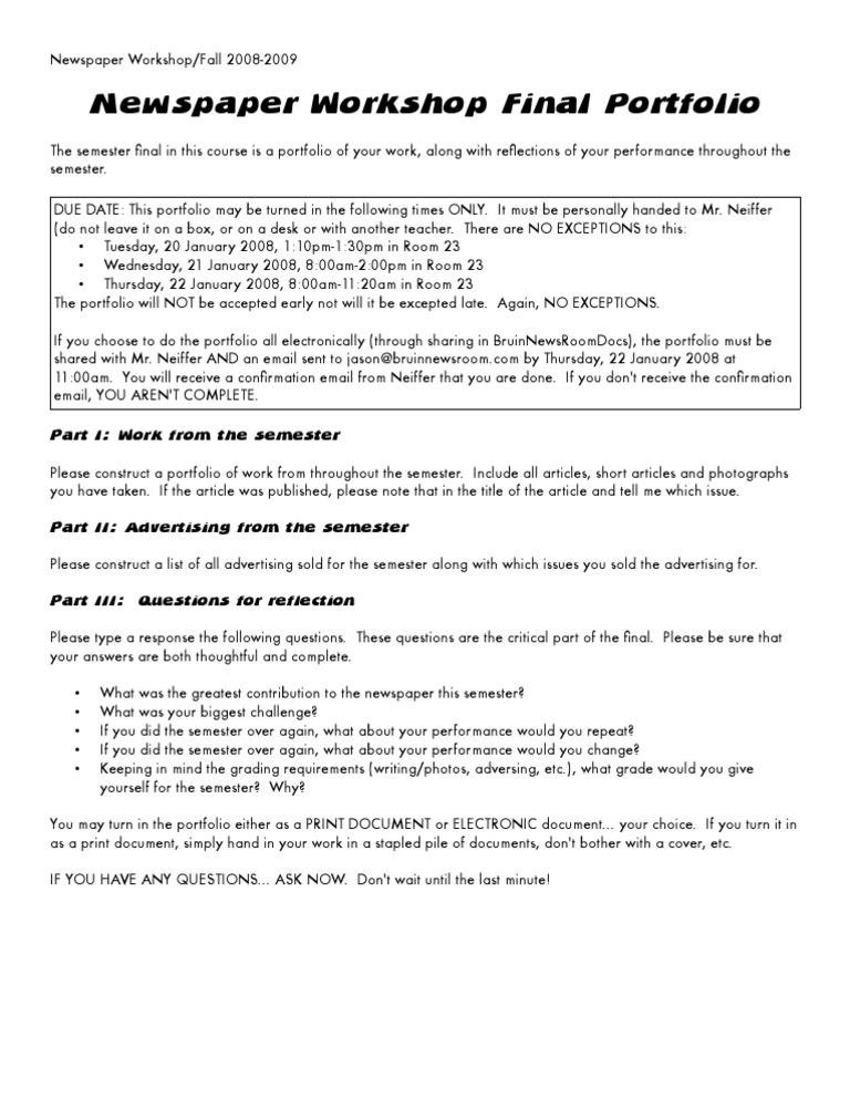 Newspaper Workshop Final Portfolio Guide | PDF | Career & Growth