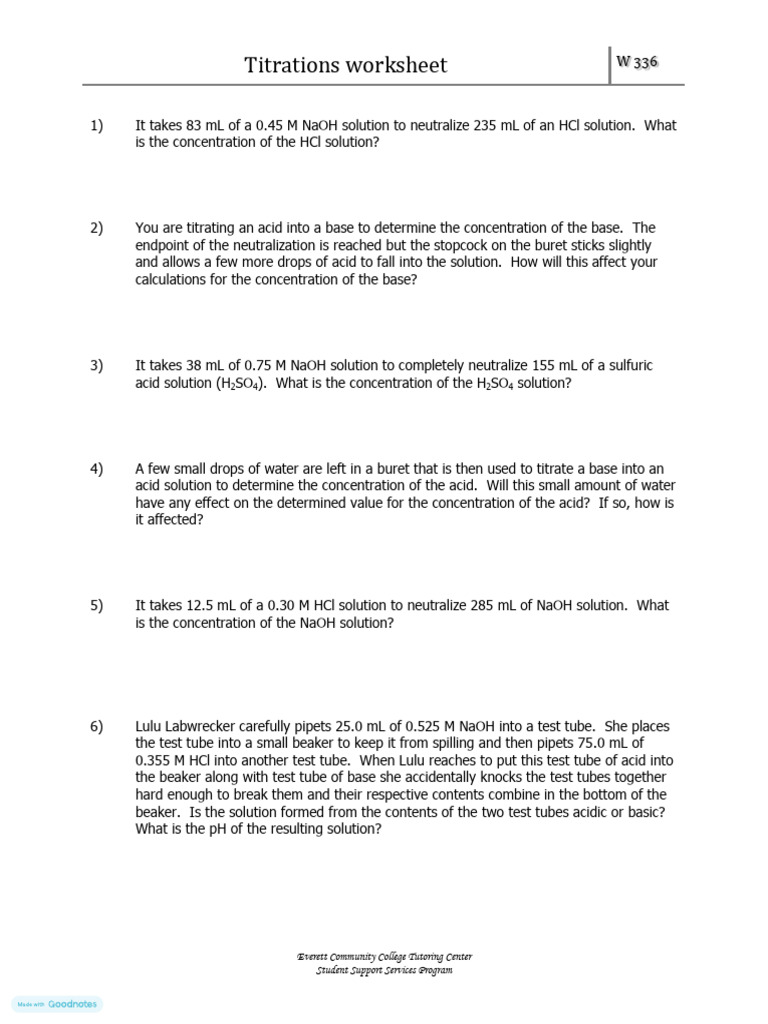 w336 Titrations Worksheet | PDF | Titration | Chemistry