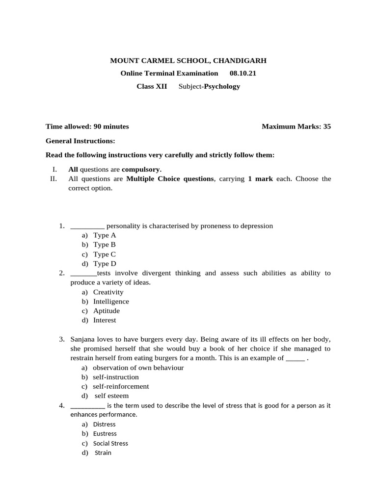 Terminal Paper Class 12th 35 Marks | PDF | Stress (Biology) | Intelligence