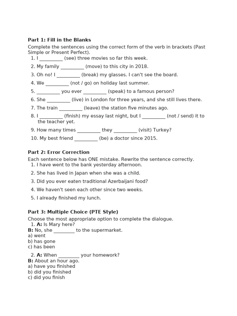 Past Simple and Present Perfect Pte Worksheets | PDF